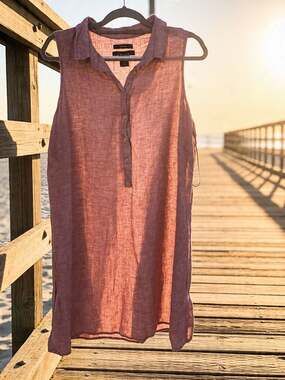 Tahari 100% Linen Sleeveless Henley Tunic Top Mauve Size 1X